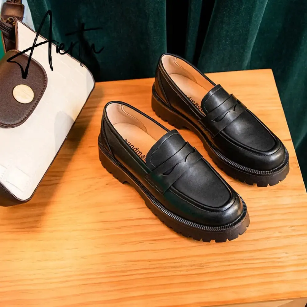 Aiertu  Spring Shoes Female British Style New Thick-soled College Style Casual Loafers Genuine Leather Fashion Shoes Girls