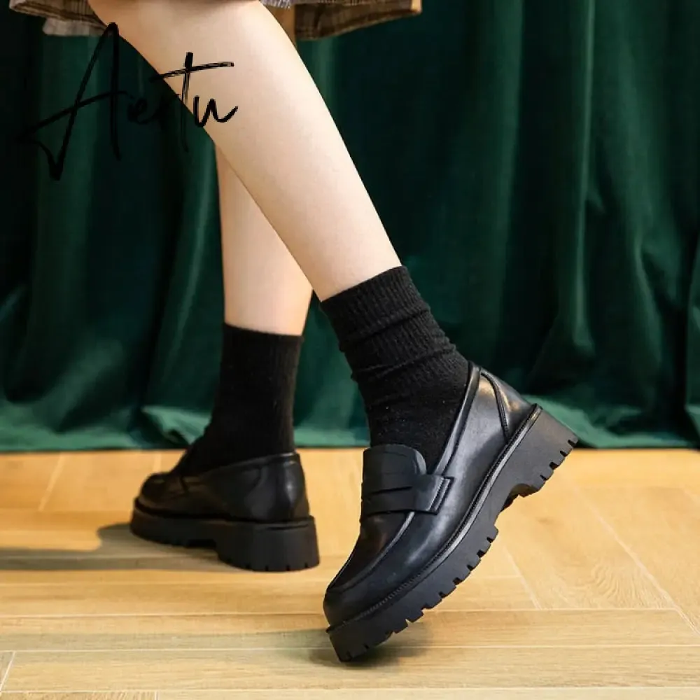 Aiertu  Spring Shoes Female British Style New Thick-soled College Style Casual Loafers Genuine Leather Fashion Shoes Girls