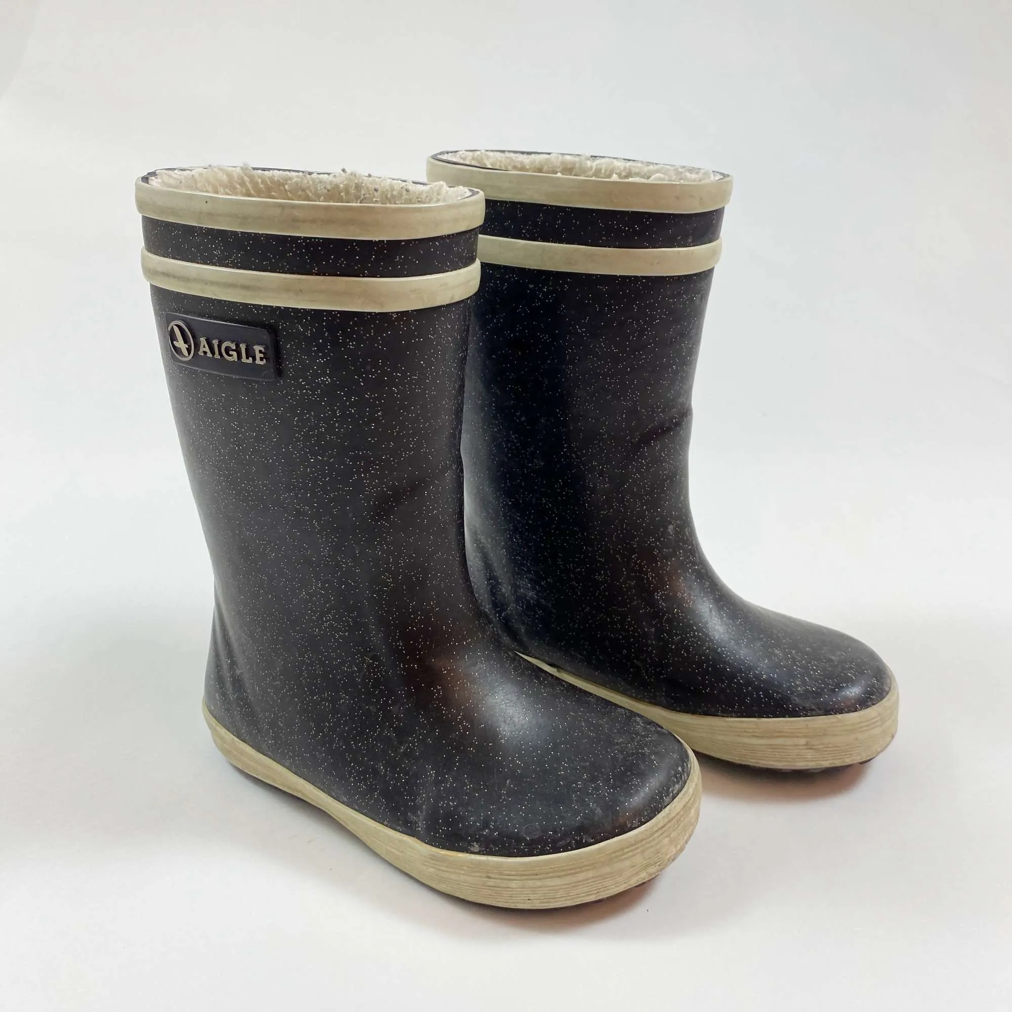 Aigle black glitter warm rain boots 24