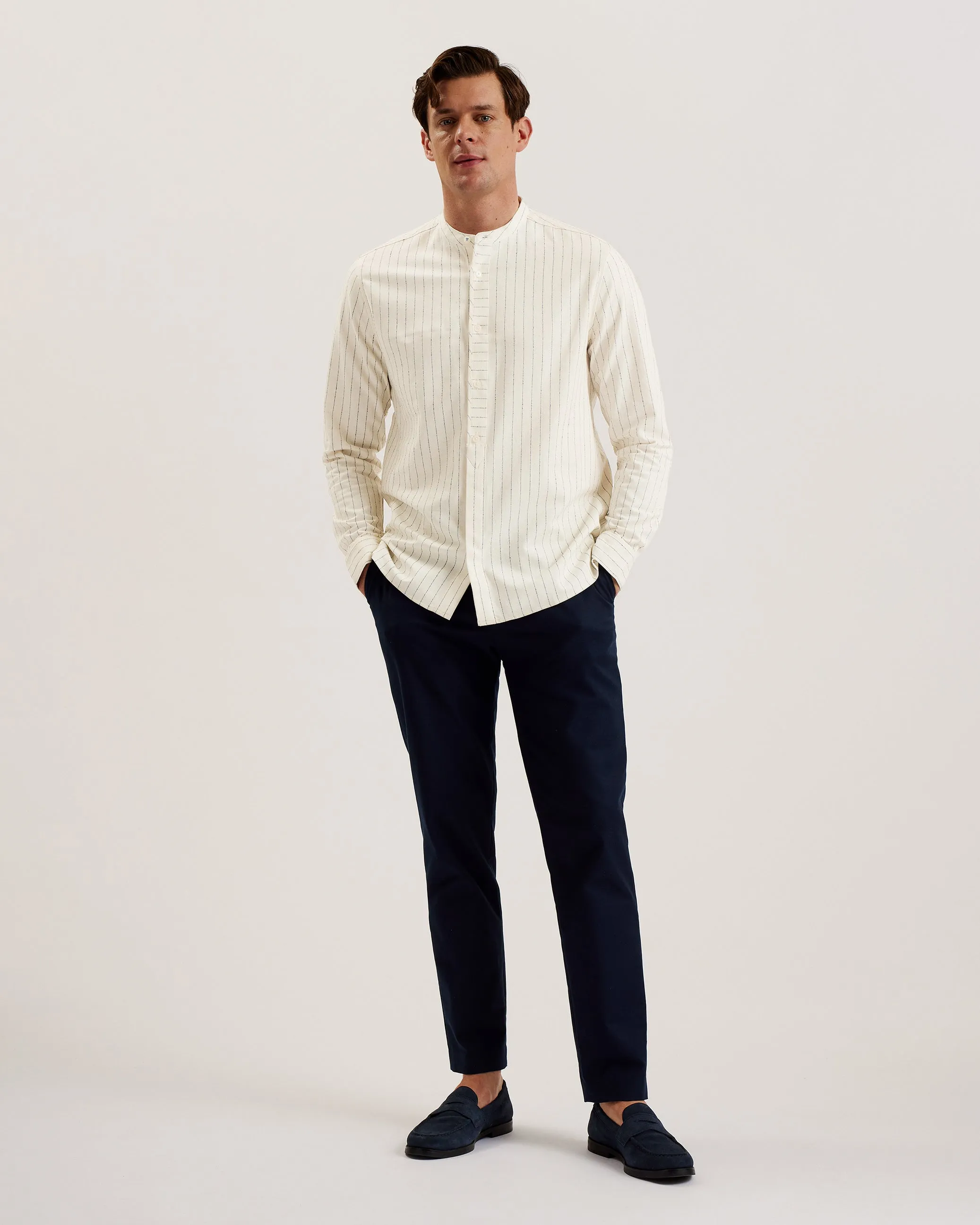 Bastiun Long Sleeve Relaxed Grandad Collar Shirt Ecru