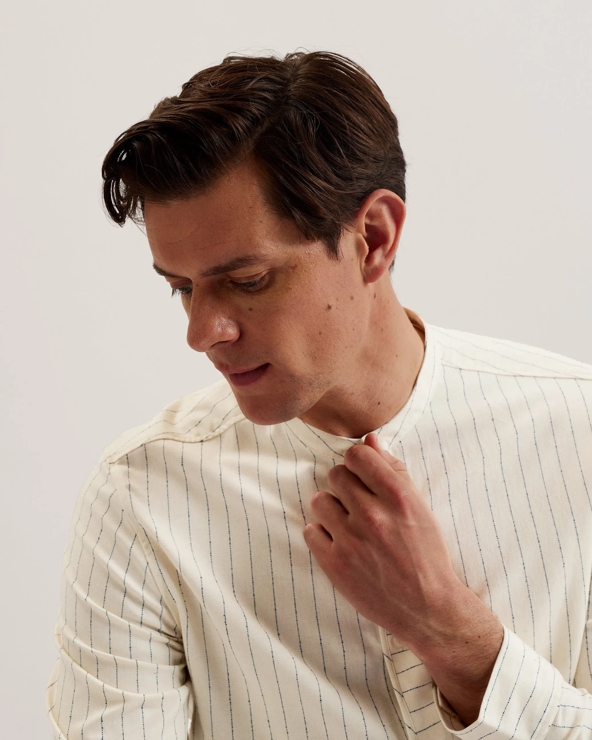 Bastiun Long Sleeve Relaxed Grandad Collar Shirt Ecru