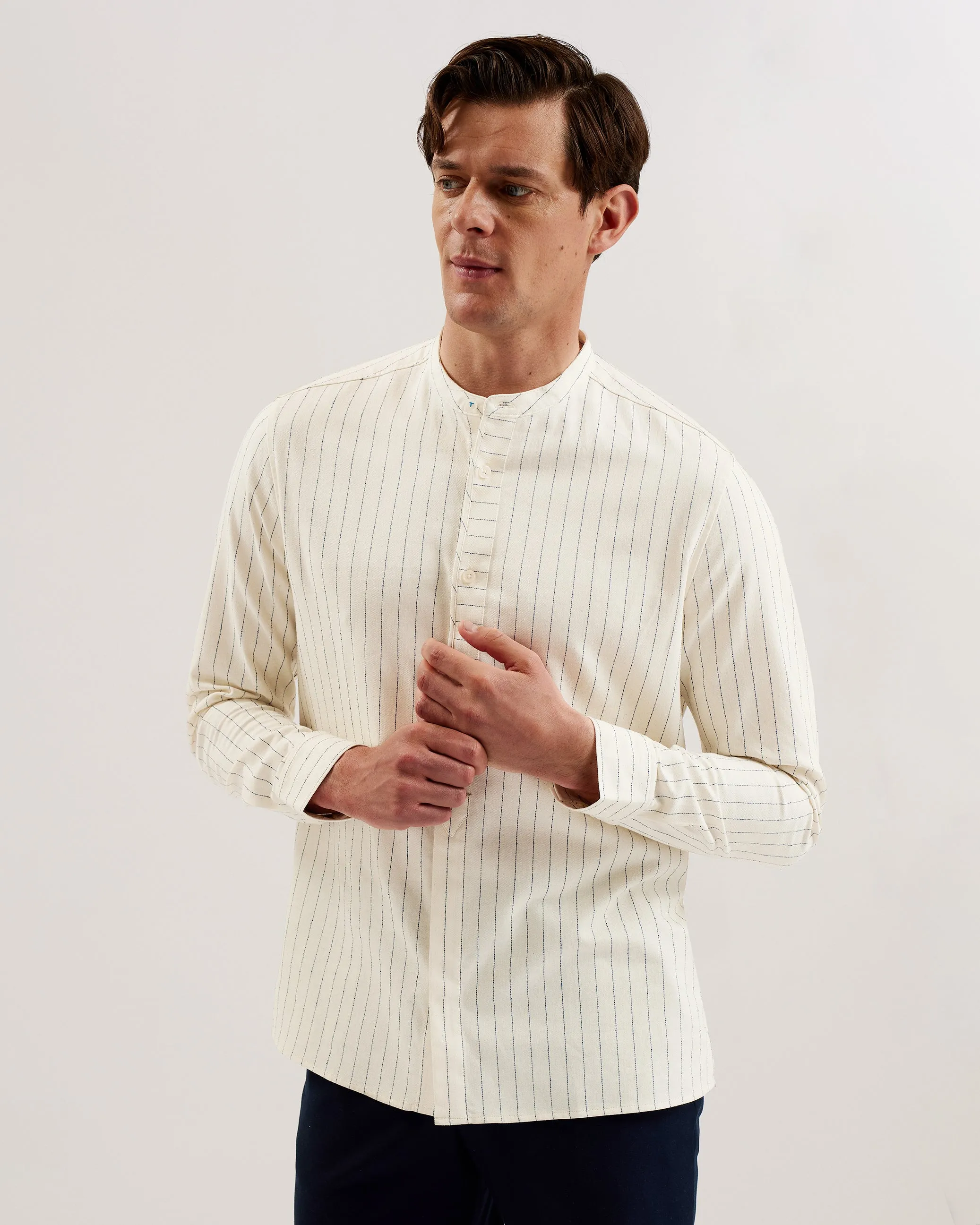 Bastiun Long Sleeve Relaxed Grandad Collar Shirt Ecru