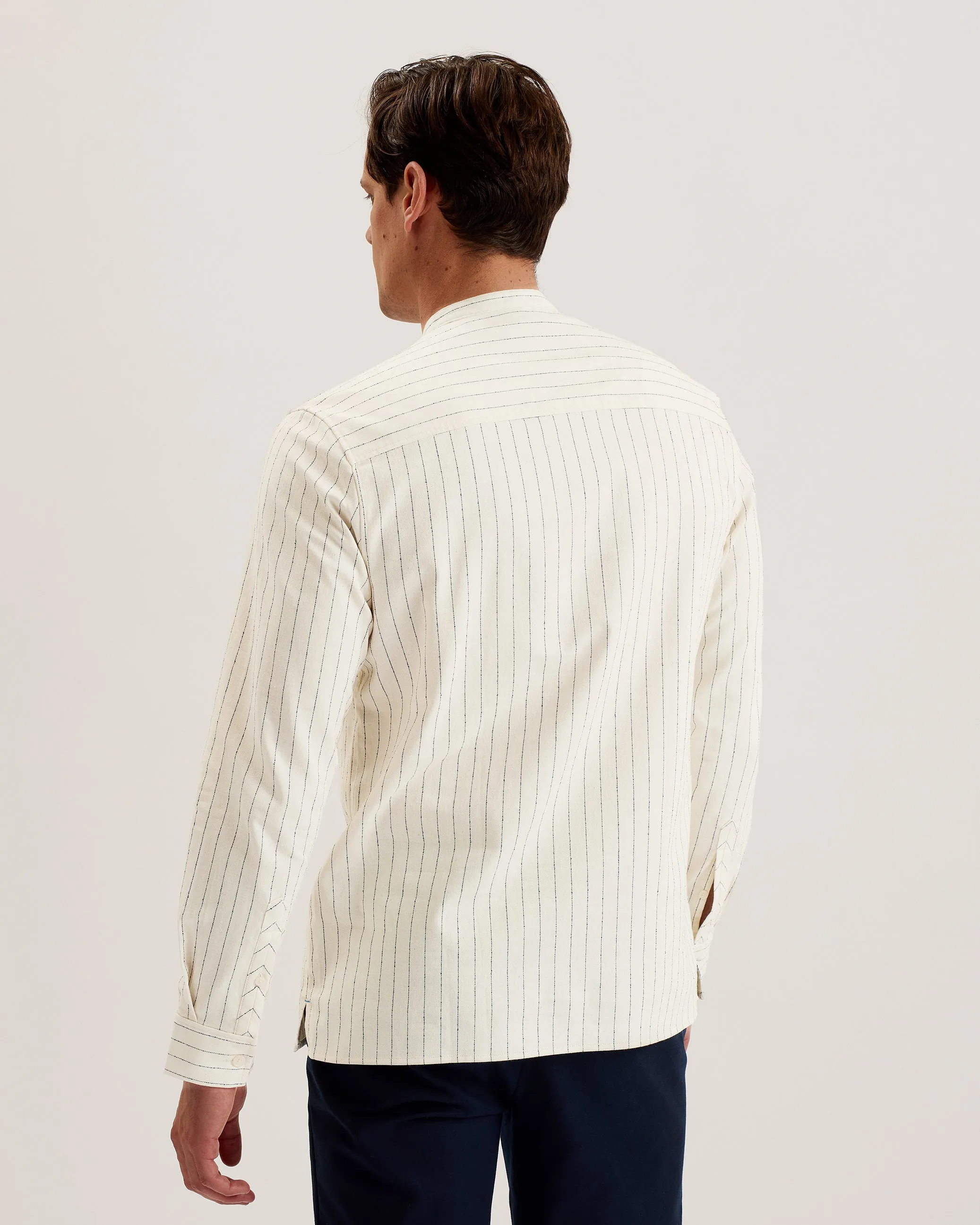 Bastiun Long Sleeve Relaxed Grandad Collar Shirt Ecru