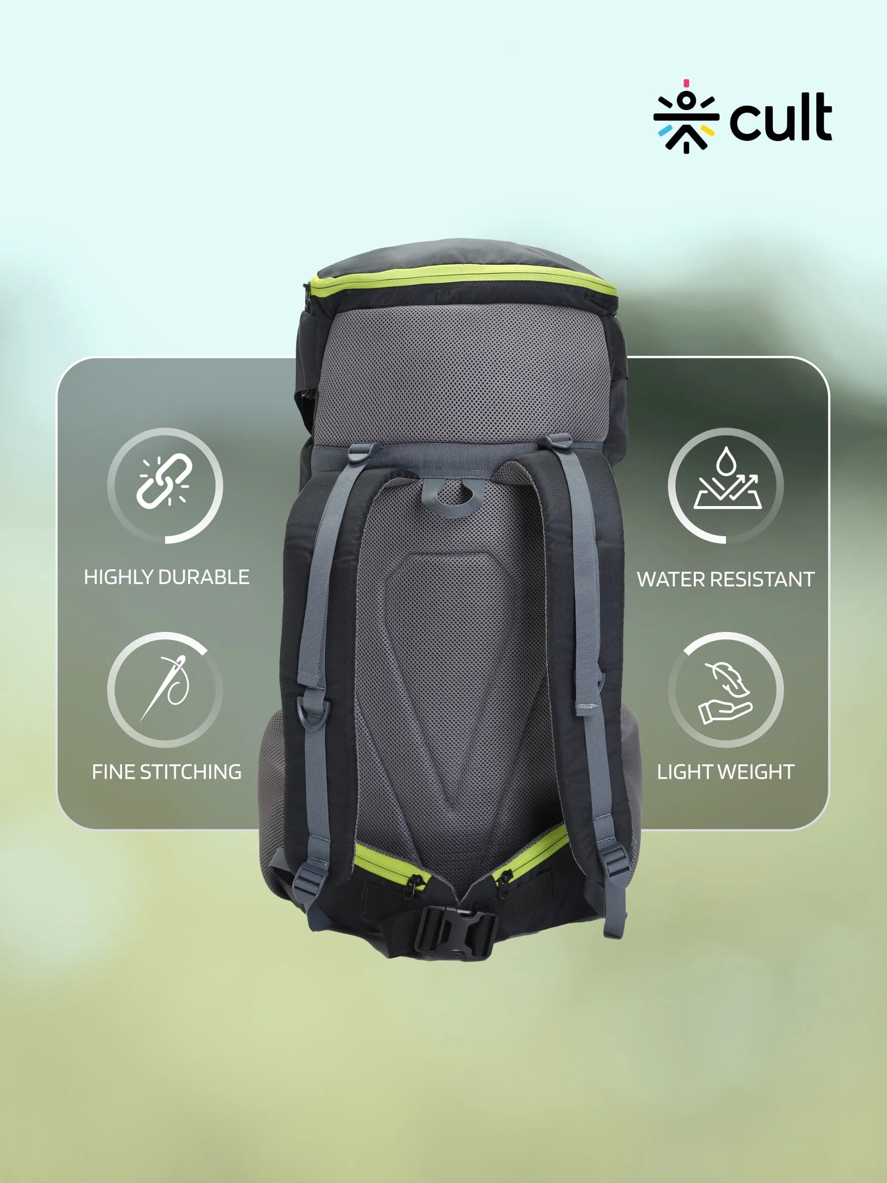 Cult 55 Litre Standard Backpack | Daypack Bag For Camping | Hiking Trekking | Black Green |