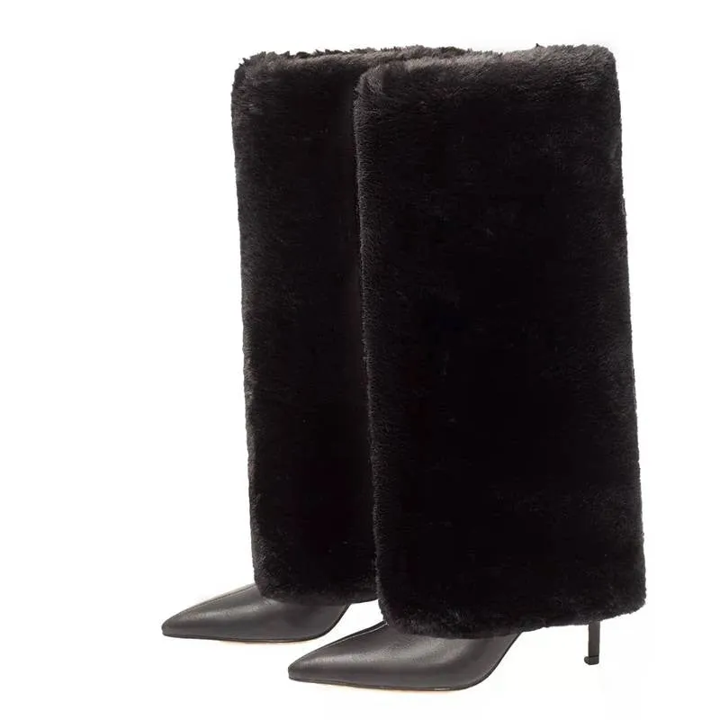 Design Shoes For Ladies Knee High Boots Natural Fur Winter Warm Pointed Toe Thin Heels
