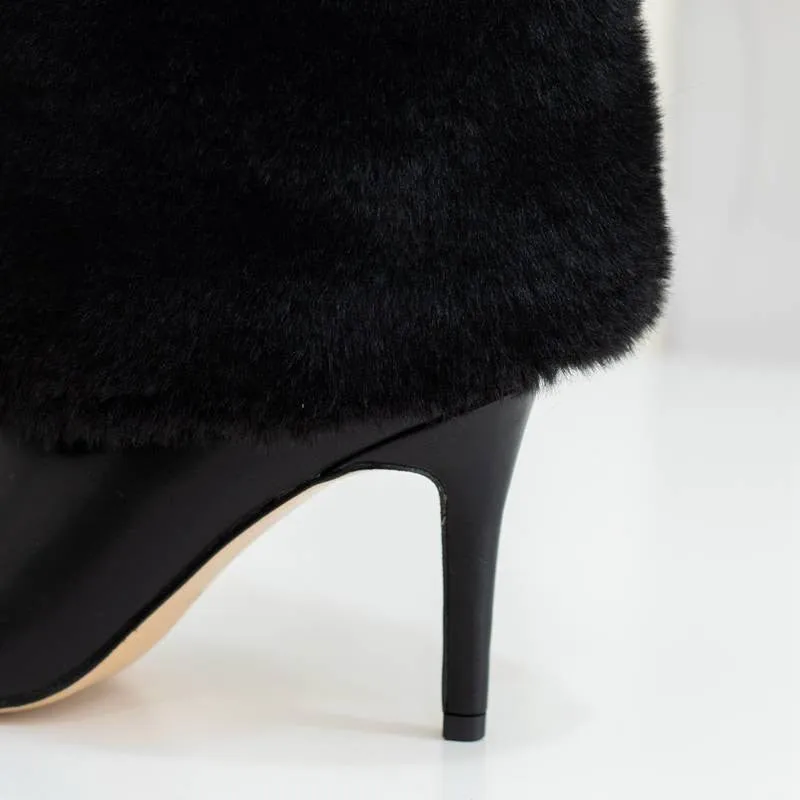 Design Shoes For Ladies Knee High Boots Natural Fur Winter Warm Pointed Toe Thin Heels