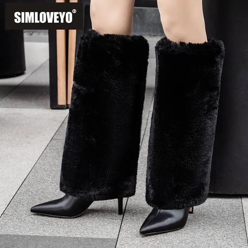Design Shoes For Ladies Knee High Boots Natural Fur Winter Warm Pointed Toe Thin Heels