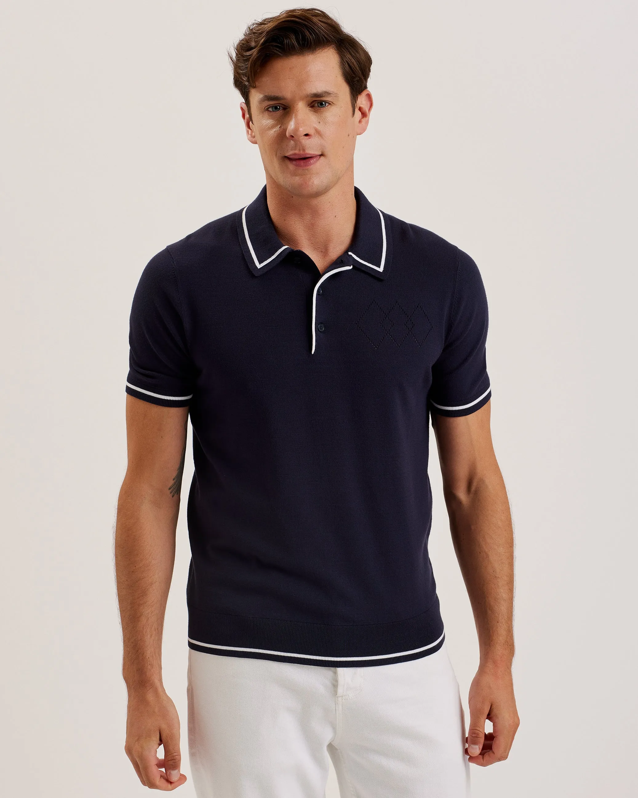 Dunow Short Sleeve Pointelle Diamond Polo Navy