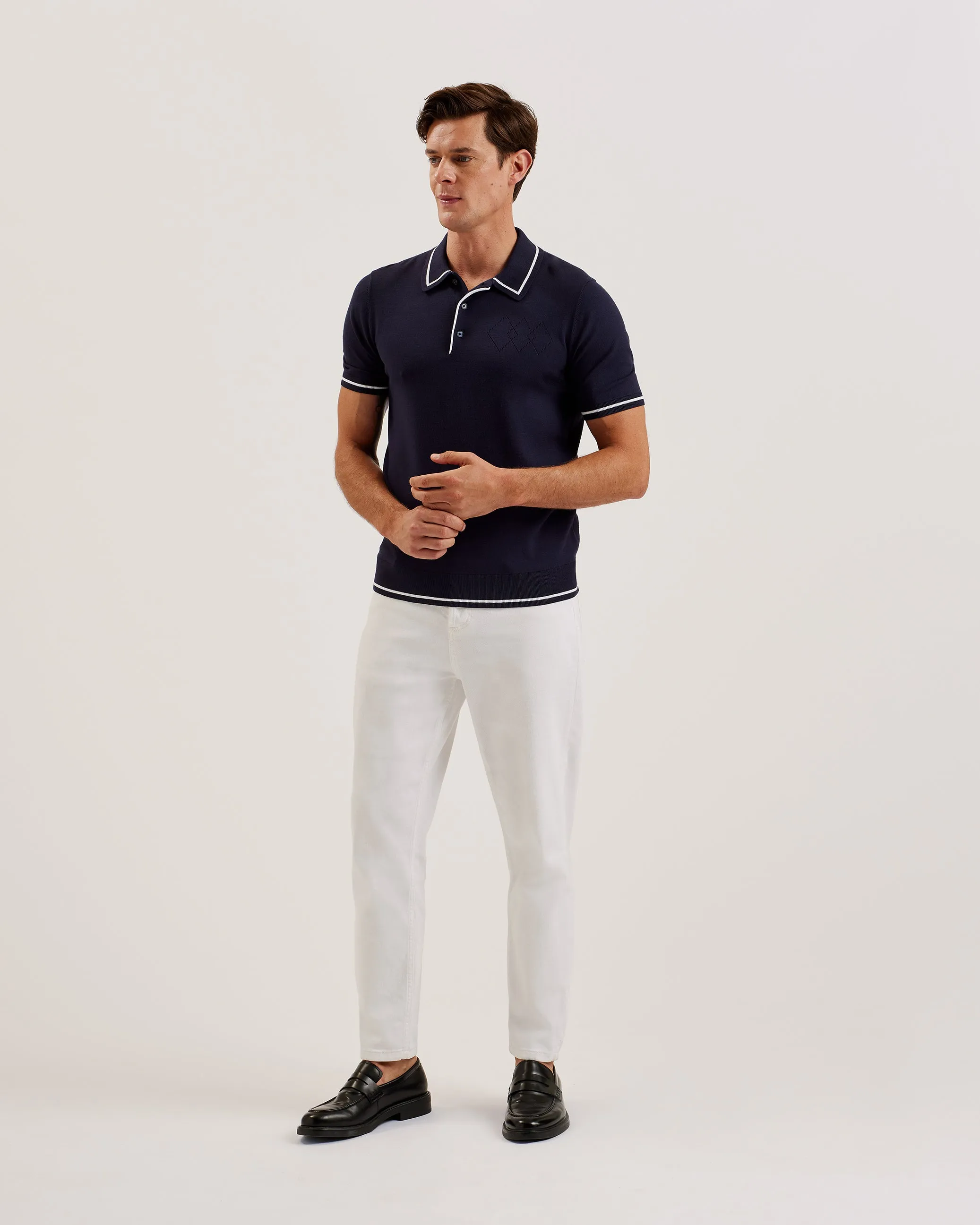 Dunow Short Sleeve Pointelle Diamond Polo Navy