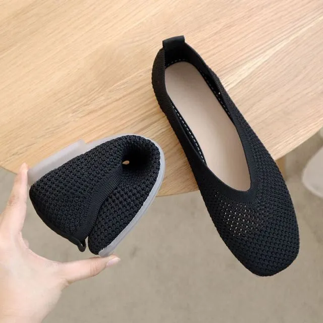 EOEODOIT Autumn Casual Loafers Knit Flats Women Hollow Square Toe Sneakers Breathable Flat Heel Boat Shoes