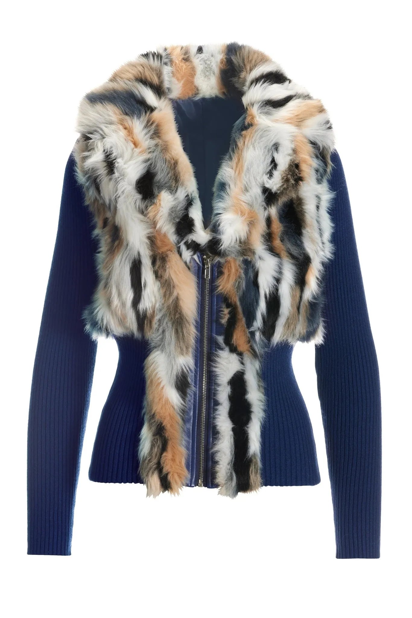 Faux Fur Zip Up Cardigan Blue Multi