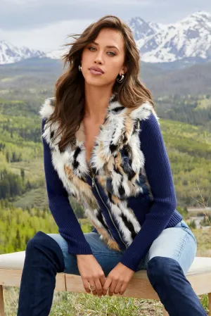 Faux Fur Zip Up Cardigan Blue Multi