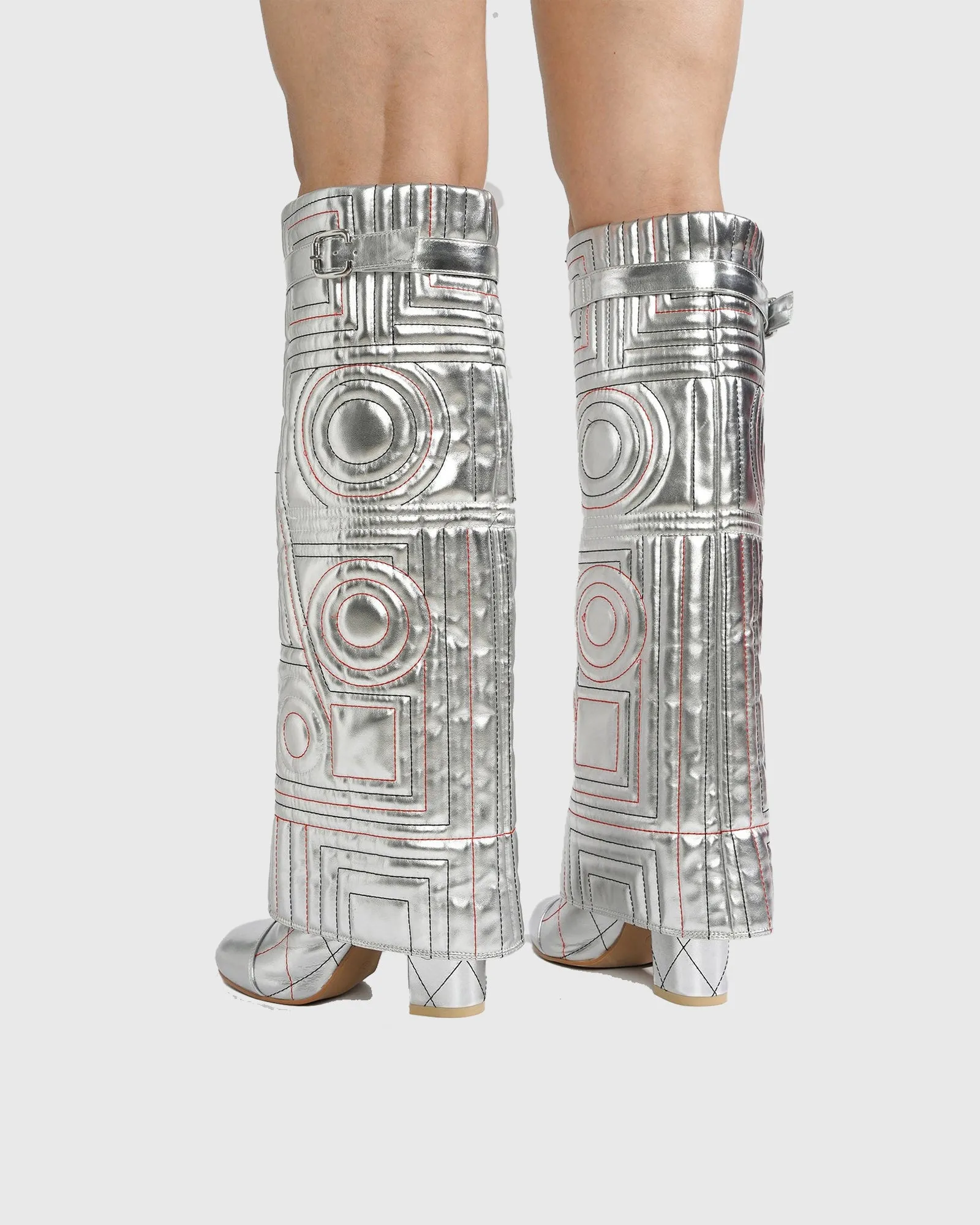 Flora Embroidery Knee High Boots In Silver