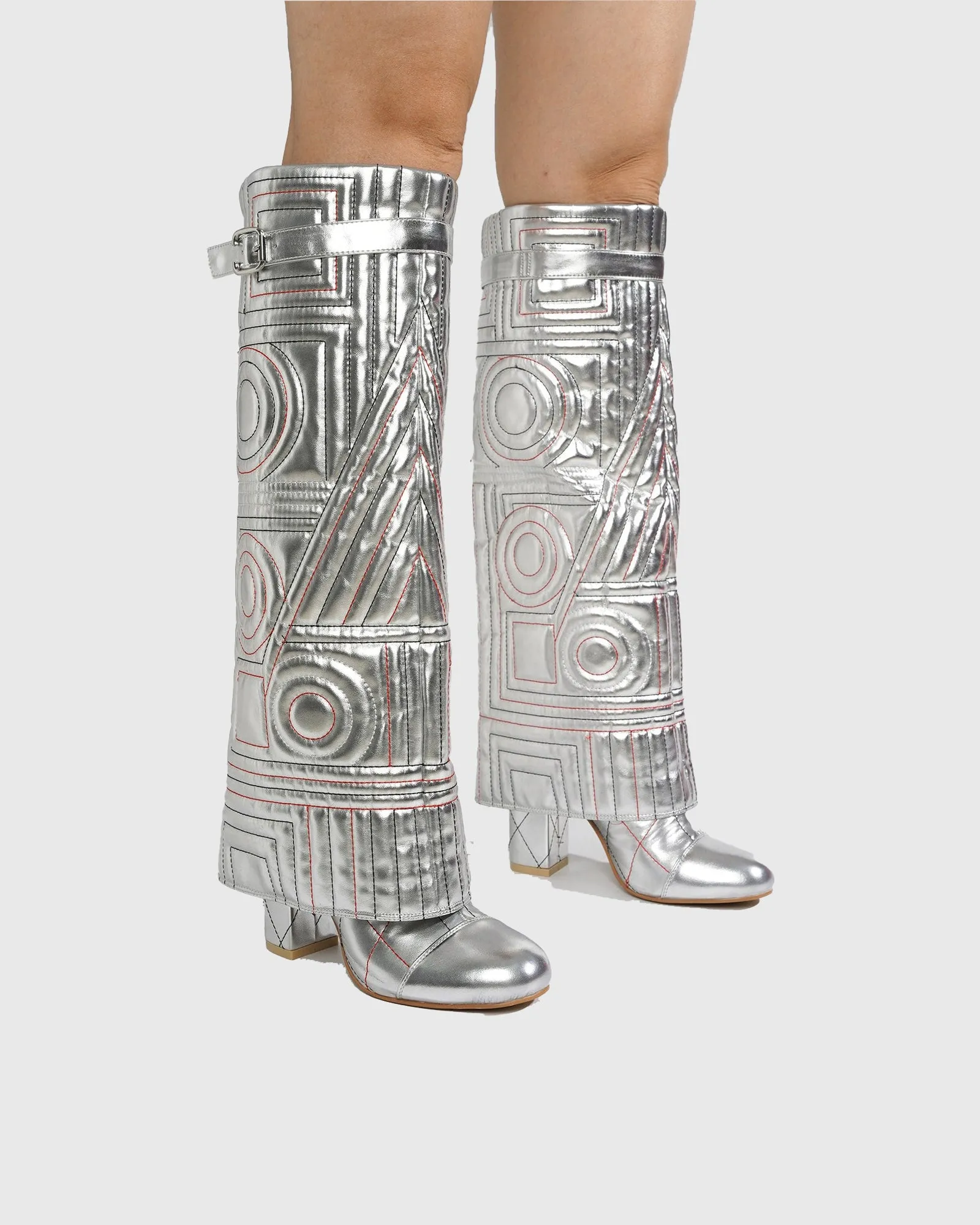 Flora Embroidery Knee High Boots In Silver