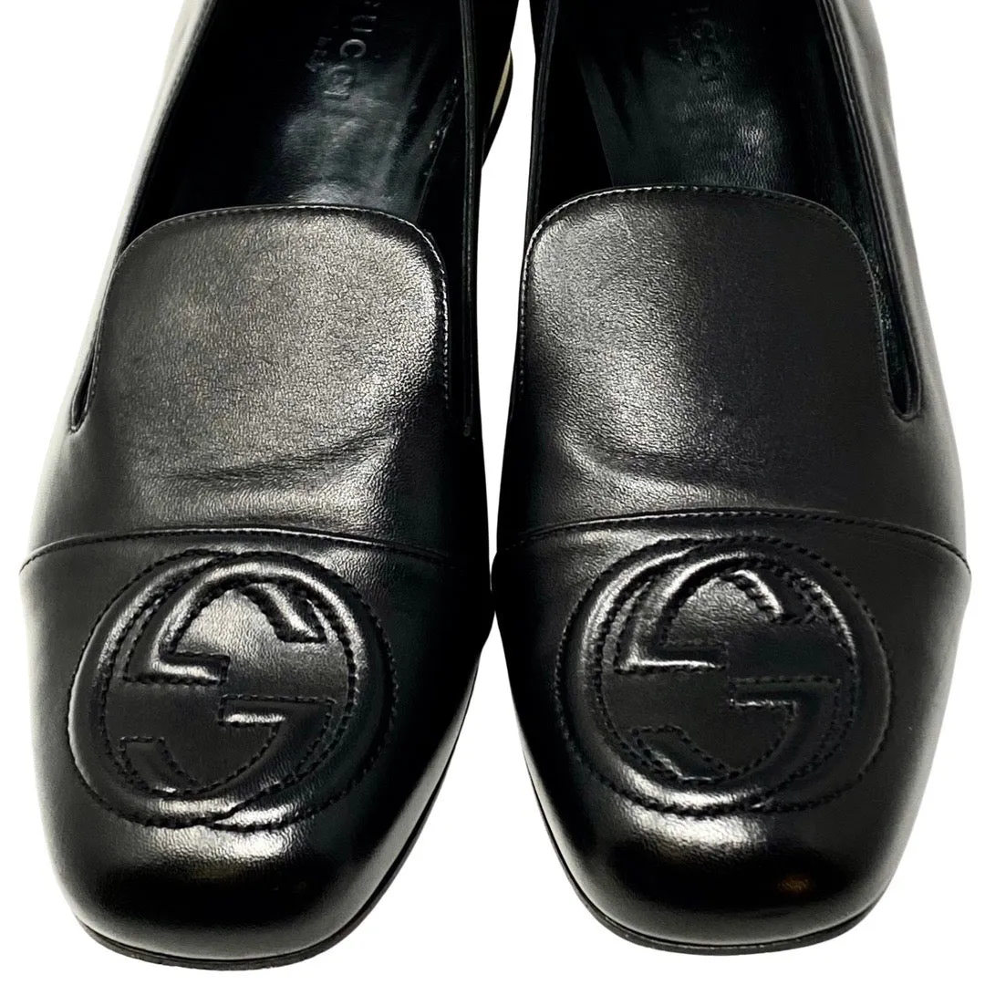 GUCCI 391973 Black Leather Logo Loafers Flats Gold Heel Size 37 | 6.5