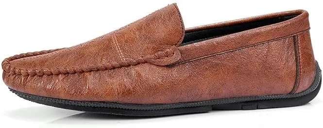 HOOENG Mens Loafers Shoe Vegan Leather Stitching Details Apron Toe Driving Loafers Slip Resistant Lightweight Flat Heel Walking Slip-on