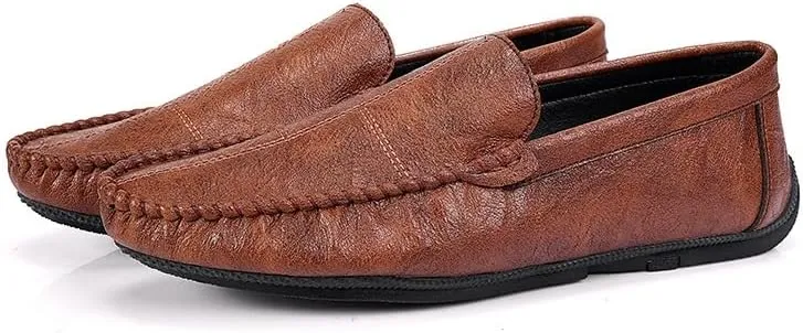 HOOENG Mens Loafers Shoe Vegan Leather Stitching Details Apron Toe Driving Loafers Slip Resistant Lightweight Flat Heel Walking Slip-on