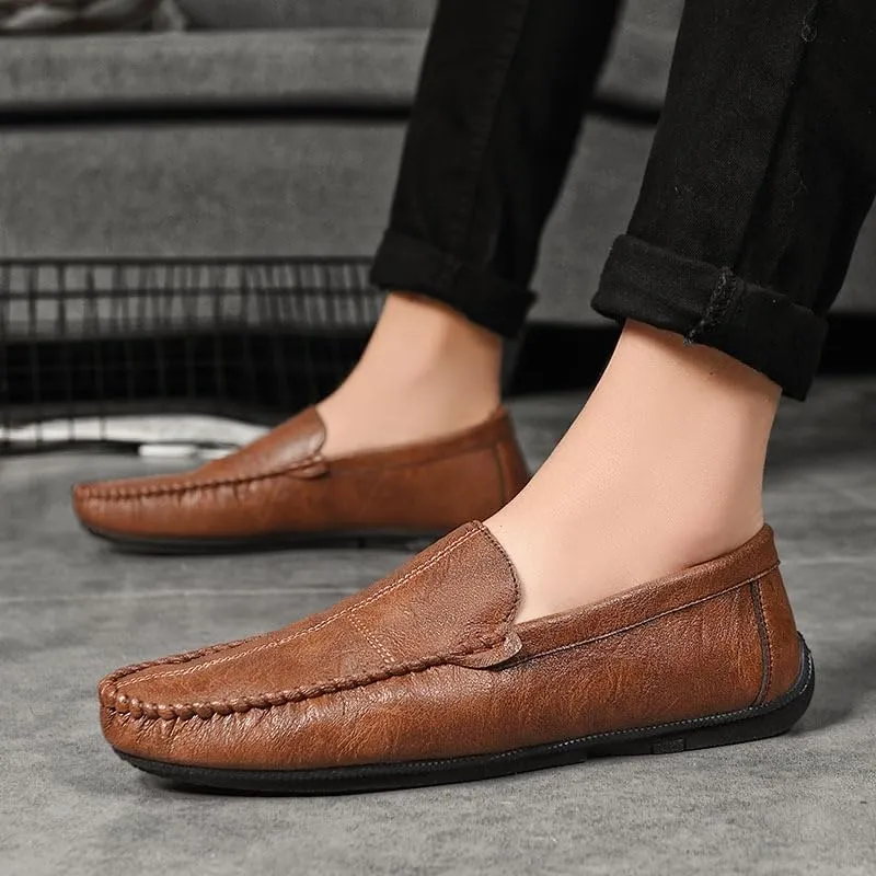 HOOENG Mens Loafers Shoe Vegan Leather Stitching Details Apron Toe Driving Loafers Slip Resistant Lightweight Flat Heel Walking Slip-on