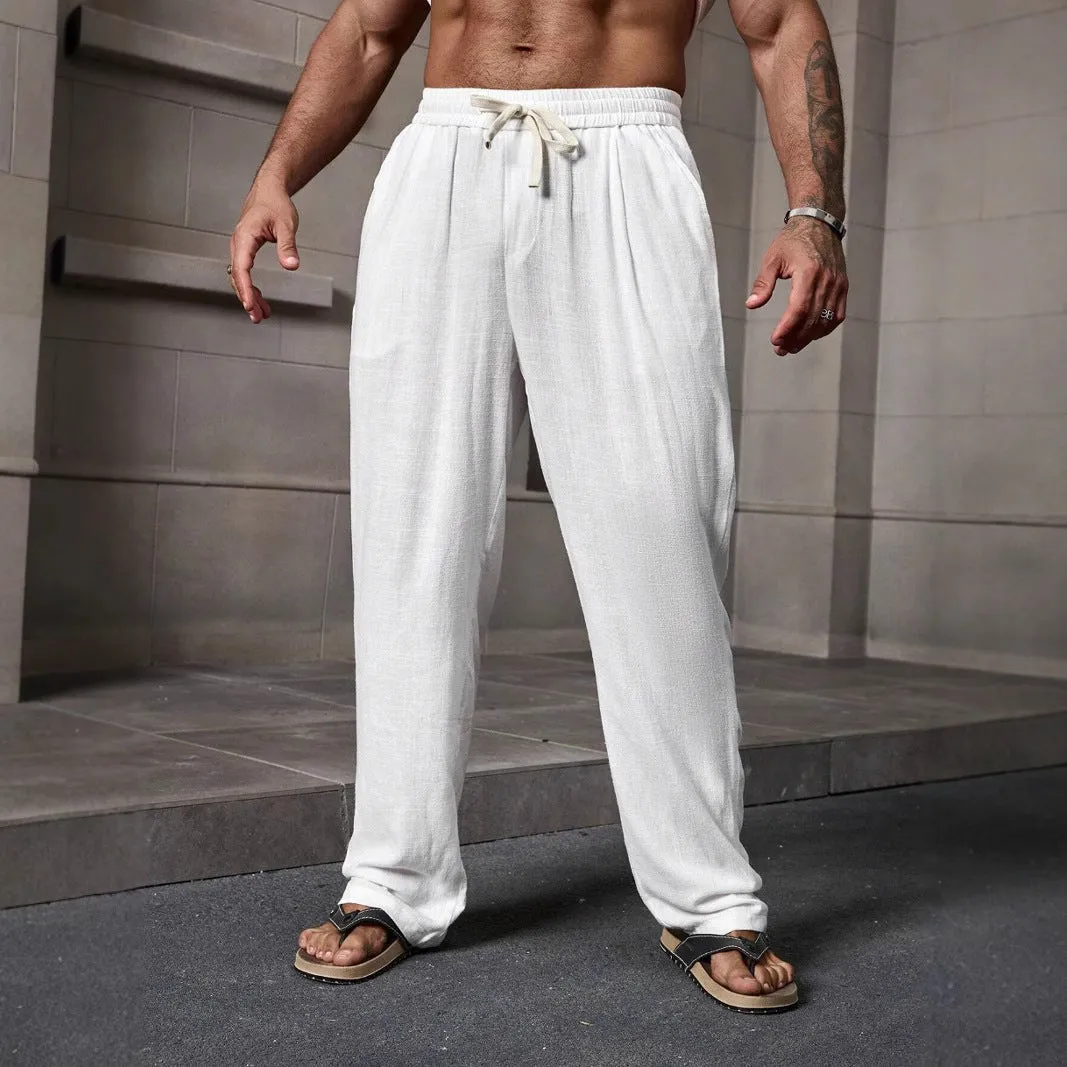 Mens Casual Pants  Cotton Linen Blend  Loose Fit  Full Length  Elastic Waistband