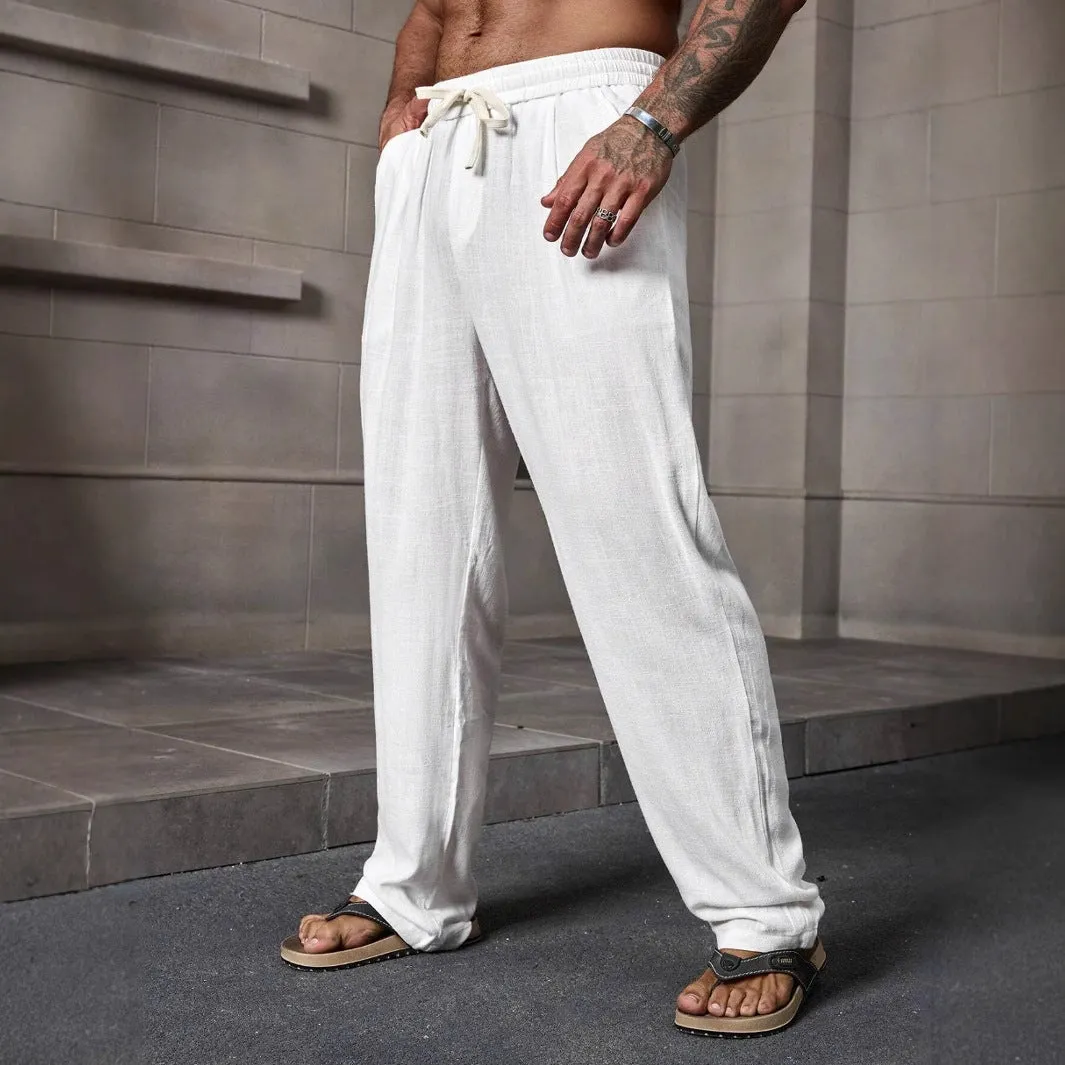 Mens Casual Pants  Cotton Linen Blend  Loose Fit  Full Length  Elastic Waistband