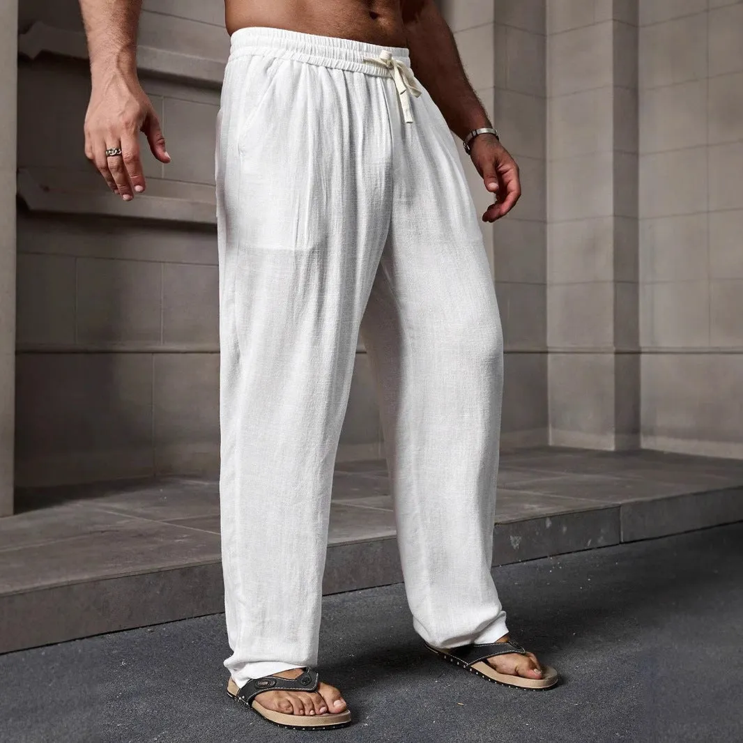 Mens Casual Pants  Cotton Linen Blend  Loose Fit  Full Length  Elastic Waistband