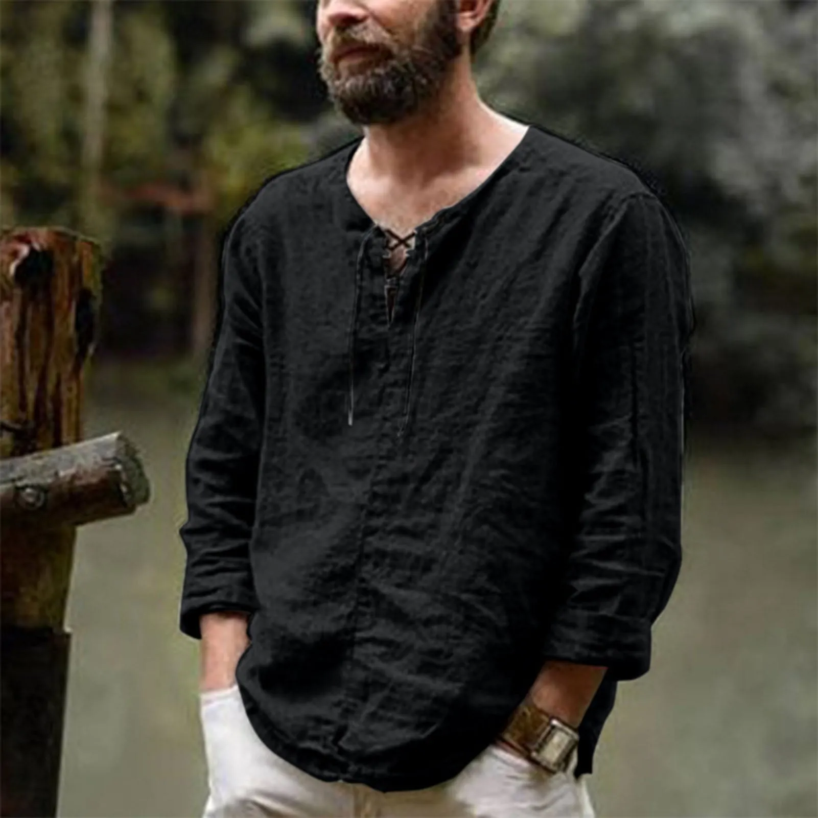 Mens Linen Shirt - Lace-Up V-Neck - Long Sleeve - Relaxed Fit Casual Wear
