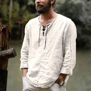 Mens Linen Shirt - Lace-Up V-Neck - Long Sleeve - Relaxed Fit Casual Wear