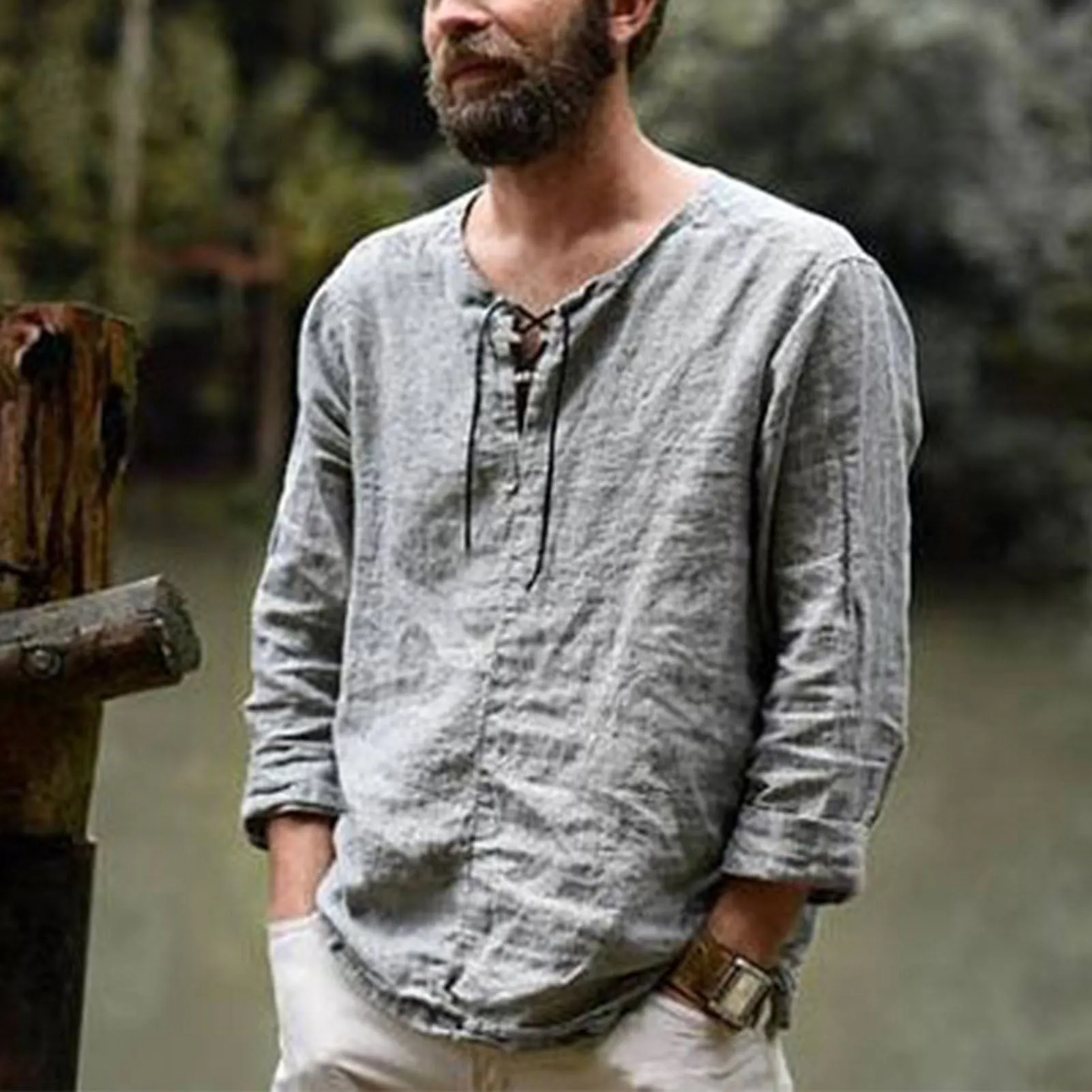 Mens Linen Shirt - Lace-Up V-Neck - Long Sleeve - Relaxed Fit Casual Wear