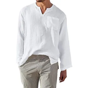 Mens Long Sleeve Shirt  Linen Cotton Blend  Relaxed Fit  Band Collar Casual Wear