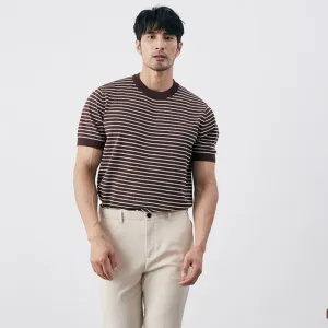 Mens T-shirt  Slim Fit  Knit Cotton Blend  Horizontal Stripe  Ribbed Trim