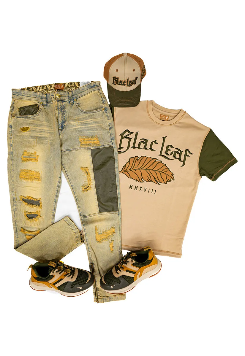 Rustic Leaf Tee Putty Khaki, Denim Jeans, Dad Hat and G7 Sneakers: Big & Tall Bundle