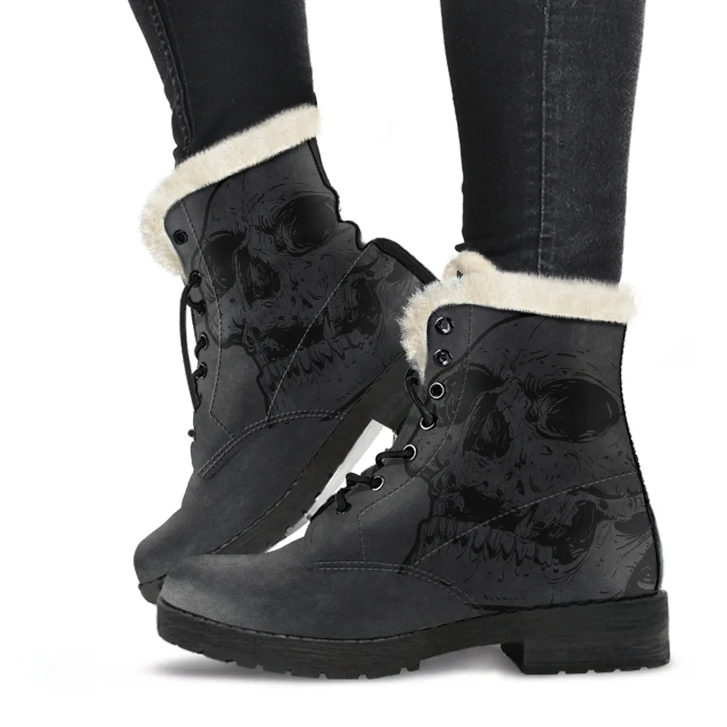 Skull Faux Fur Leather Boots