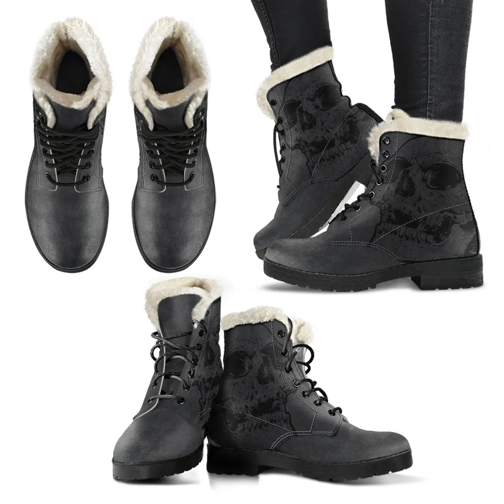 Skull Faux Fur Leather Boots