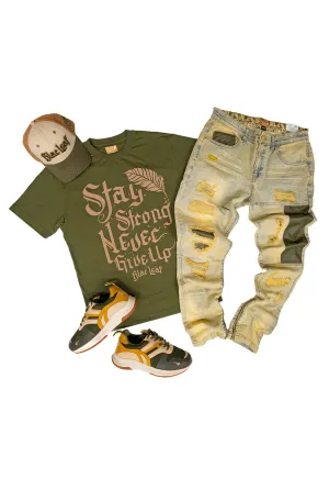 Stay Strong Never Give Up Olive Tee, Jeans, Dad Hat: Big & Tall Bundle (Sneakers Not Included)