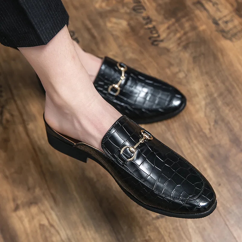 Summer New Men Half Loafers Leather  Casual  Slip-On Slippers Breathable Mules For Man Outdoor Lightweight Black Half-Shoes