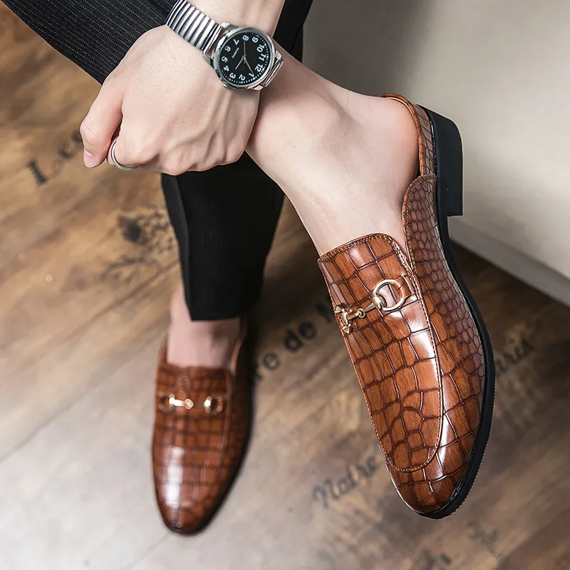 Summer New Men Half Loafers Leather  Casual  Slip-On Slippers Breathable Mules For Man Outdoor Lightweight Black Half-Shoes