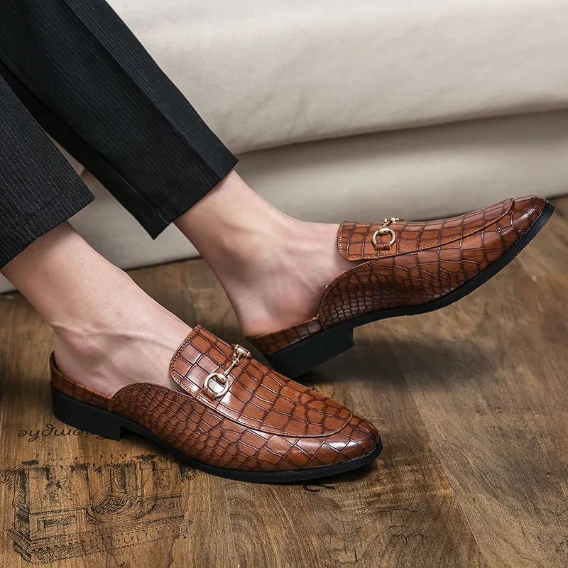 Summer New Men Half Loafers Leather  Casual  Slip-On Slippers Breathable Mules For Man Outdoor Lightweight Black Half-Shoes