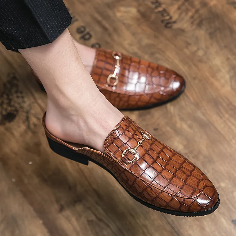 Summer New Men Half Loafers Leather  Casual  Slip-On Slippers Breathable Mules For Man Outdoor Lightweight Black Half-Shoes