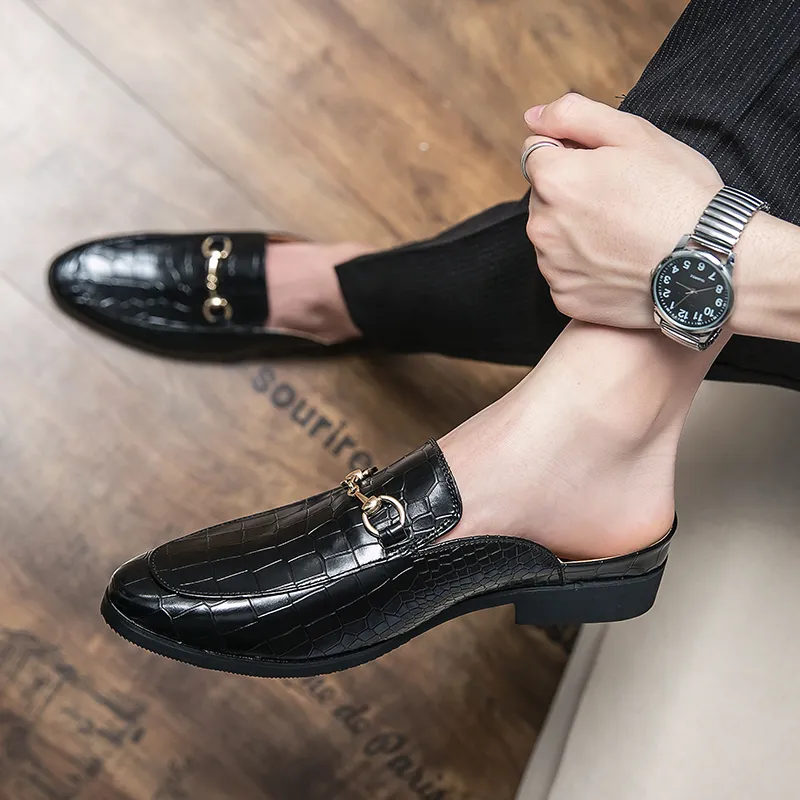 Summer New Men Half Loafers Leather  Casual  Slip-On Slippers Breathable Mules For Man Outdoor Lightweight Black Half-Shoes