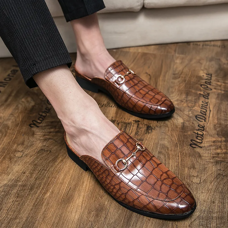 Summer New Men Half Loafers Leather  Casual  Slip-On Slippers Breathable Mules For Man Outdoor Lightweight Black Half-Shoes