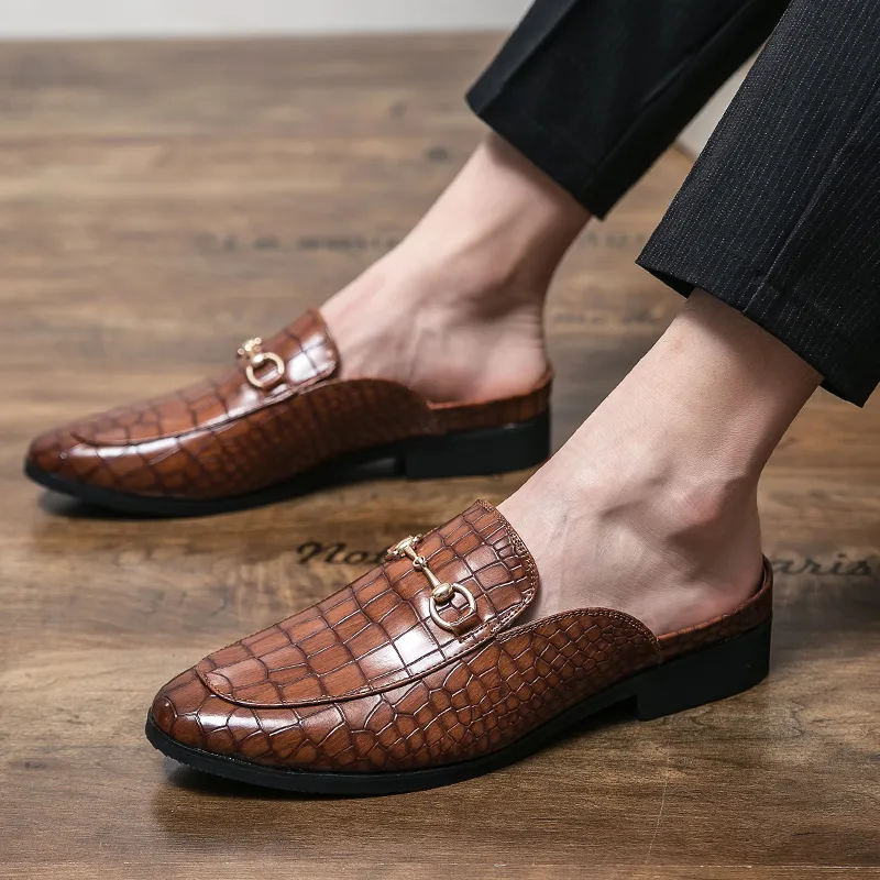 Summer New Men Half Loafers Leather  Casual  Slip-On Slippers Breathable Mules For Man Outdoor Lightweight Black Half-Shoes