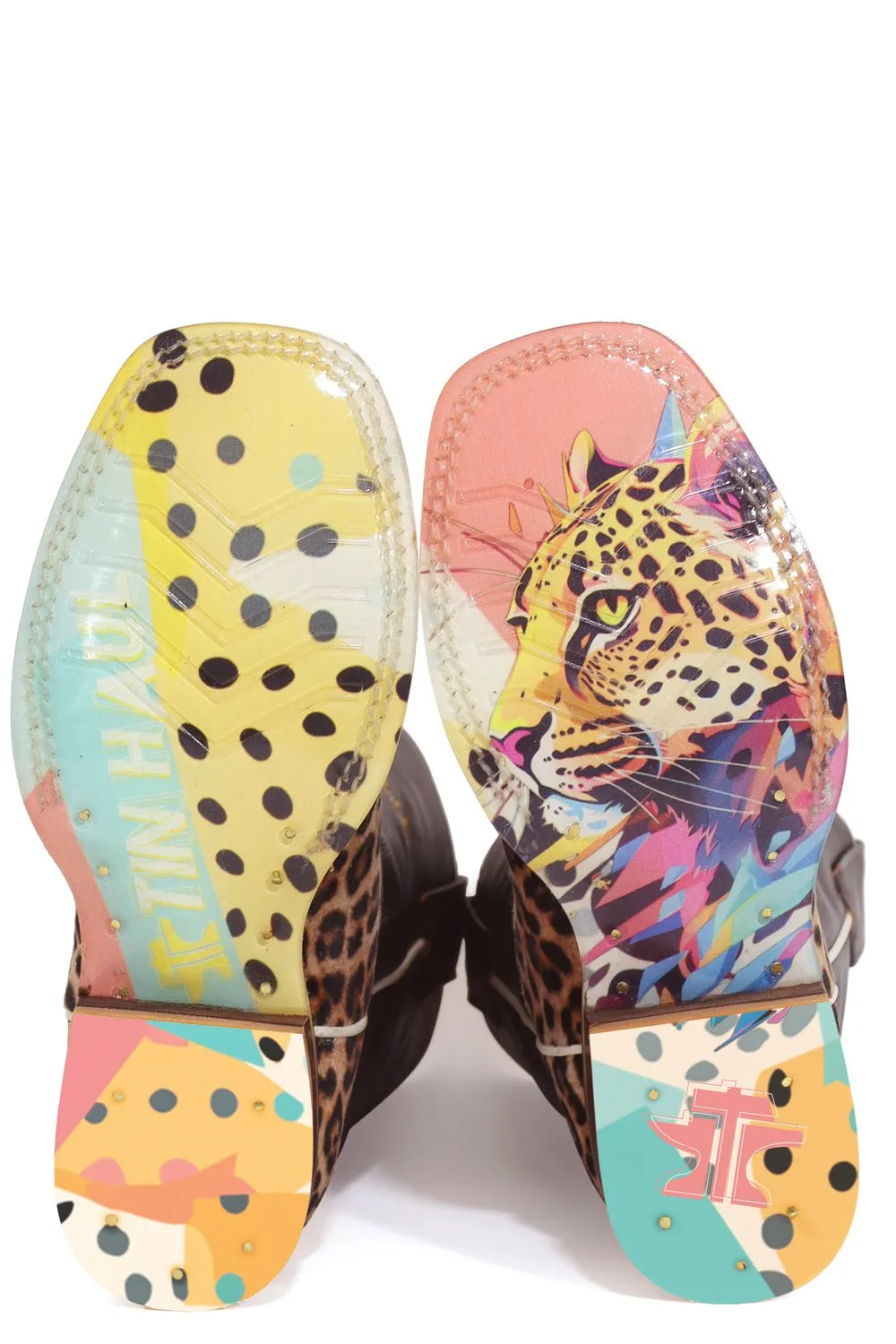 Tin Haul Kids Girls Wild Cat Brown/Tan Leather Cowboy Boots