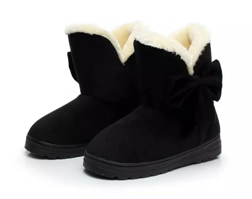 Women Winter Warm Flat Heel Solid Bowknot Ankle Platform Mid Snow Boots