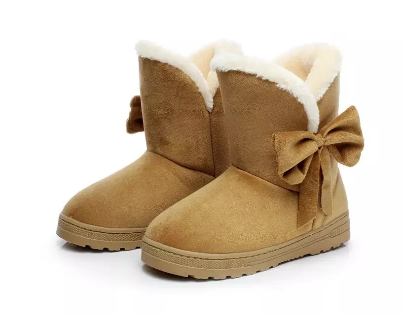 Women Winter Warm Flat Heel Solid Bowknot Ankle Platform Mid Snow Boots