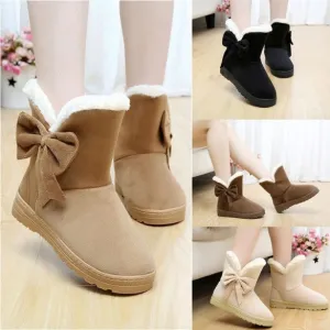 Women Winter Warm Flat Heel Solid Bowknot Ankle Platform Mid Snow Boots
