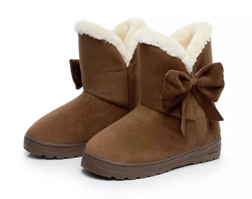 Women Winter Warm Flat Heel Solid Bowknot Ankle Platform Mid Snow Boots