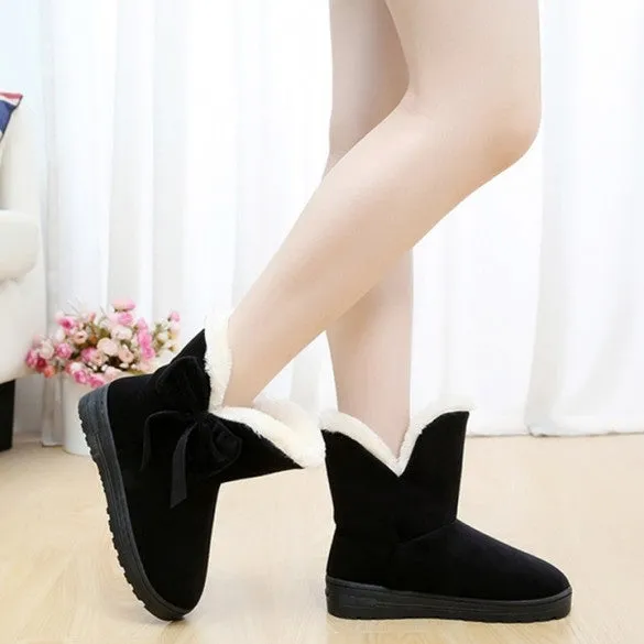 Women Winter Warm Flat Heel Solid Bowknot Ankle Platform Mid Snow Boots