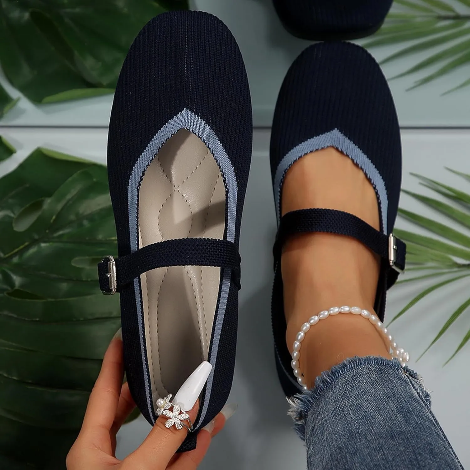 Women's Flat Shoes Flying Weave Round Toe Shallow Mouth Retro Colorblocking One Foot Stirrup Casual Work Single Shoes