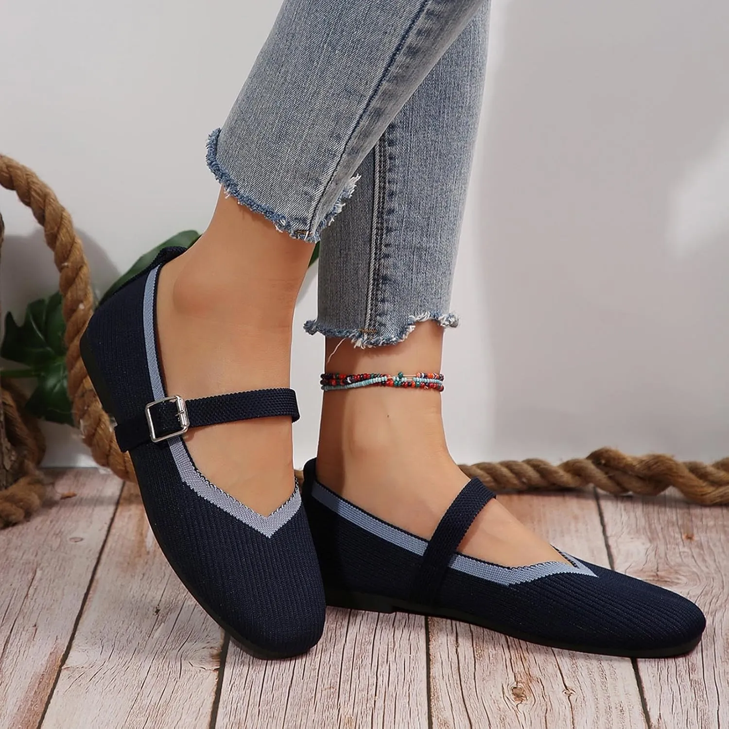Women's Flat Shoes Flying Weave Round Toe Shallow Mouth Retro Colorblocking One Foot Stirrup Casual Work Single Shoes
