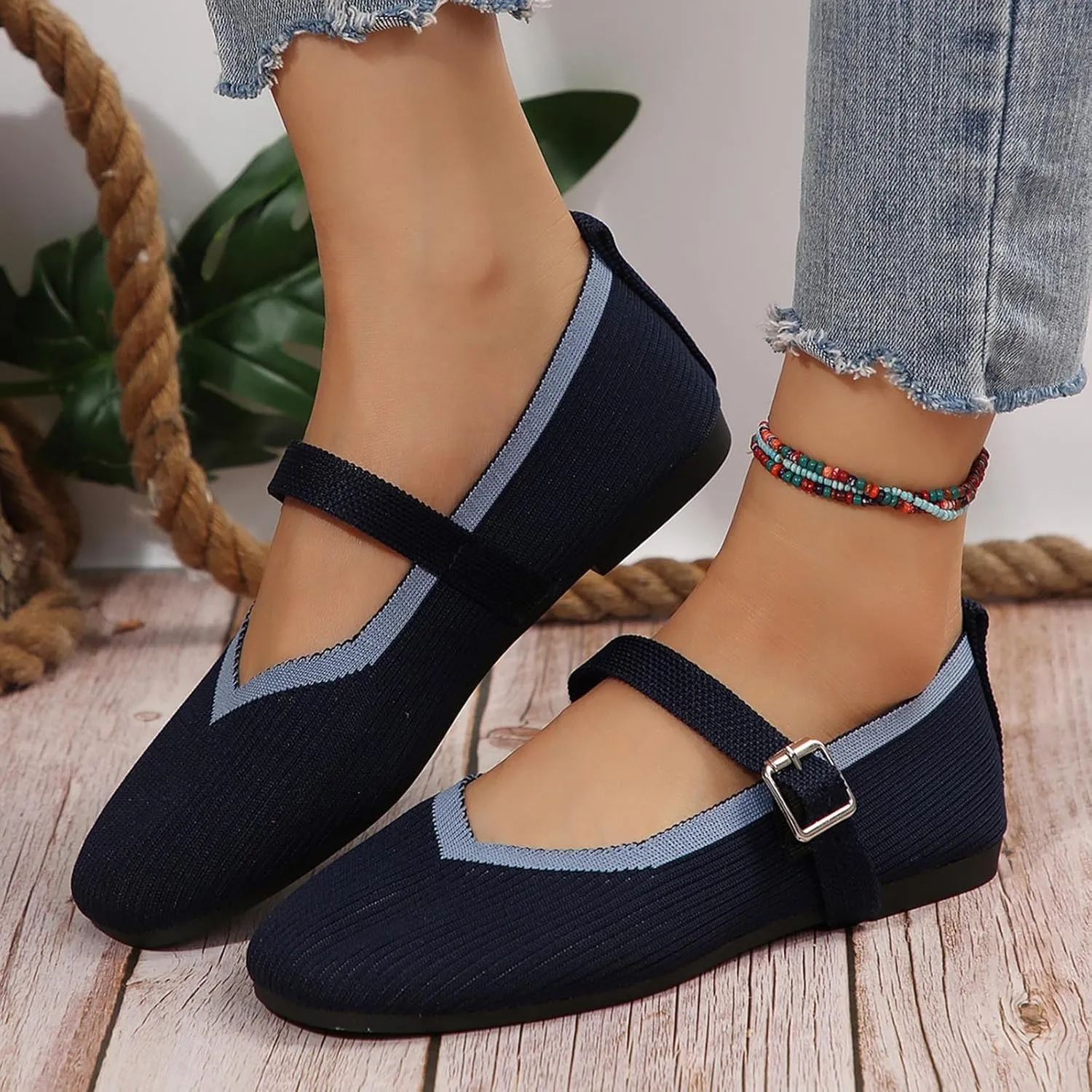 Women's Flat Shoes Flying Weave Round Toe Shallow Mouth Retro Colorblocking One Foot Stirrup Casual Work Single Shoes